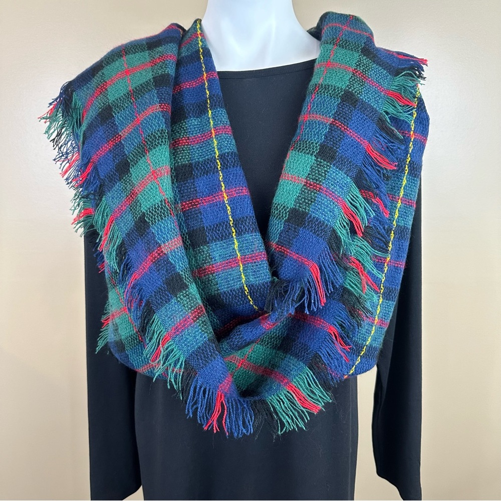 Red Green Blue Plaid Fringe Infinity Scarf Cabincore Preppy Cozy Warm Prep